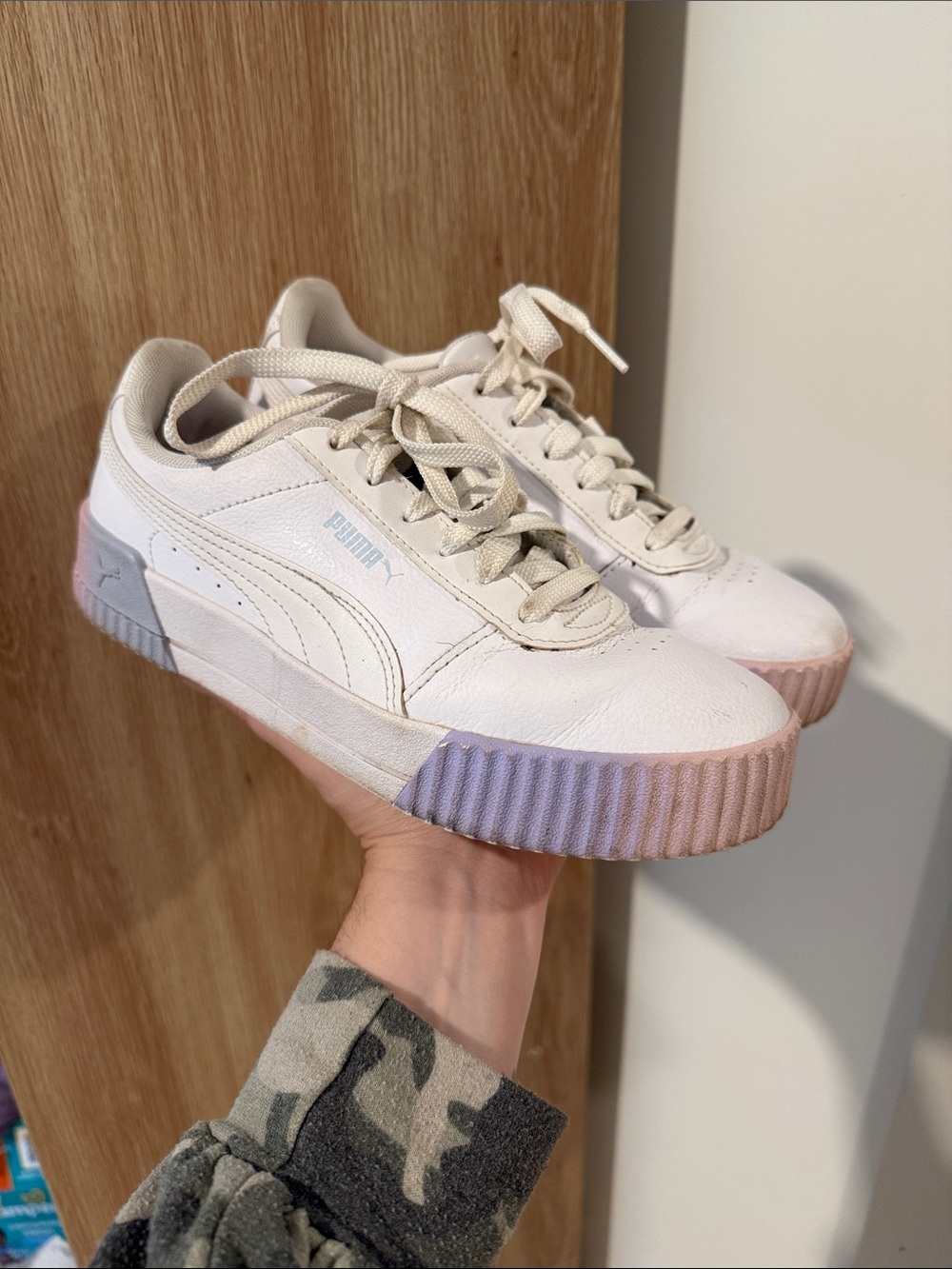 Puma Women's White Leather Sneakers with Pastel Pink & Lavender Platform